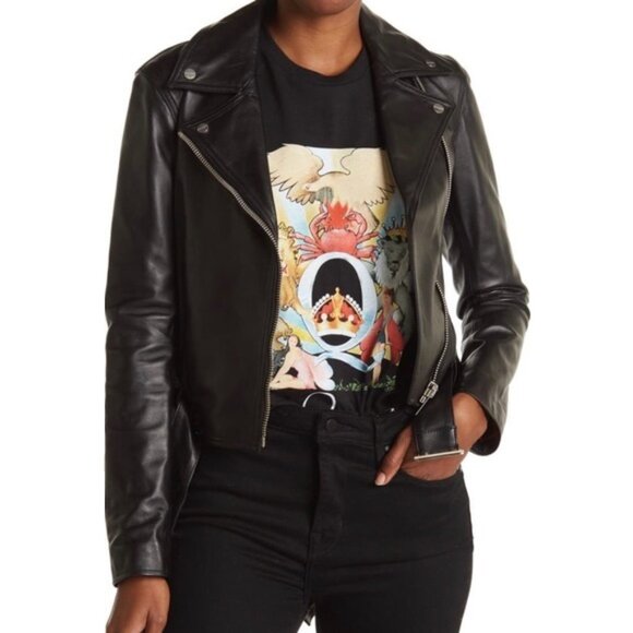 Palm Angels Logo Print Leather Belted Biker Jacket - Picture 1 of 12